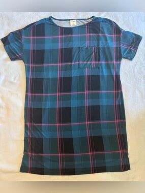 Soma Blue Plaid Nightshirt with Pink Stripe Detail